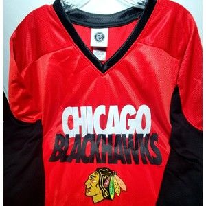 NHL CHICAGO BLACKHAWKS Hockey Jersey V-Neck Mesh Men L 42-44 Blk/Red *Read*